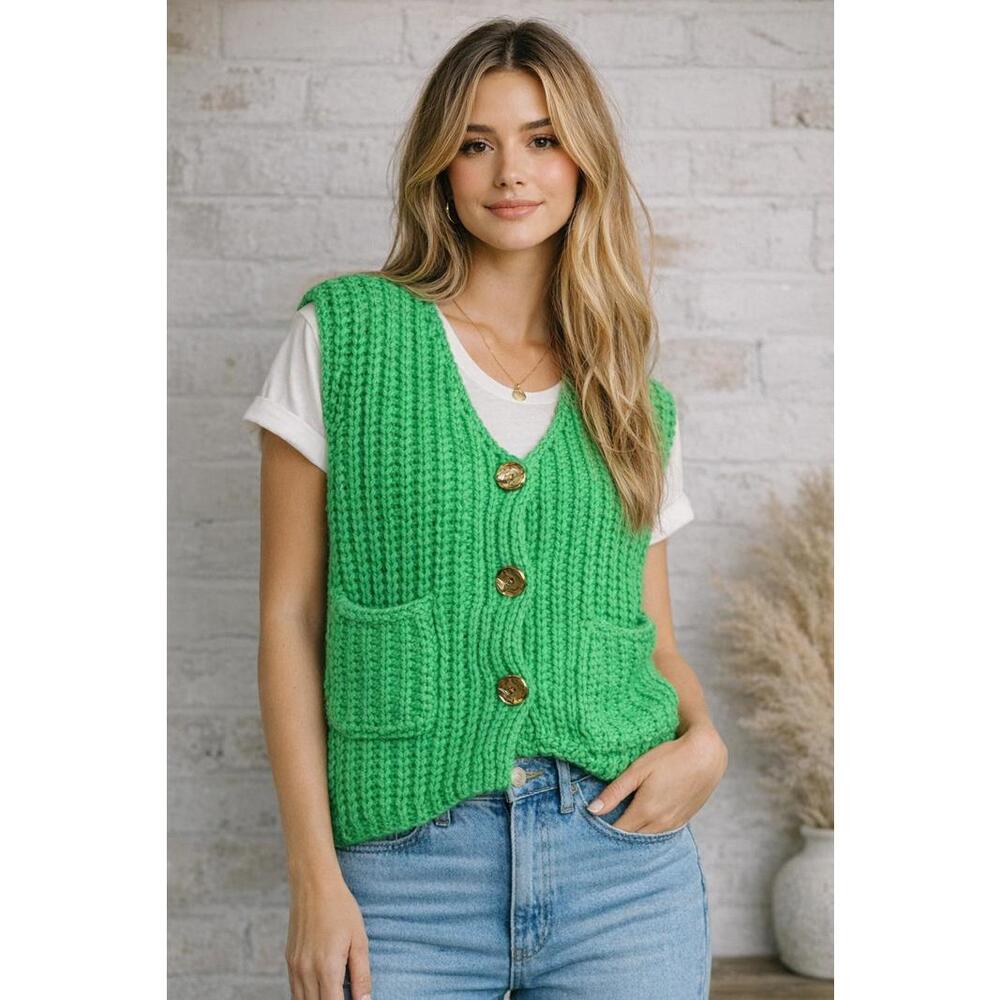 Chunky Knit Button‎ Cardigan Sweater Textured Green Small/Medium Cozycore